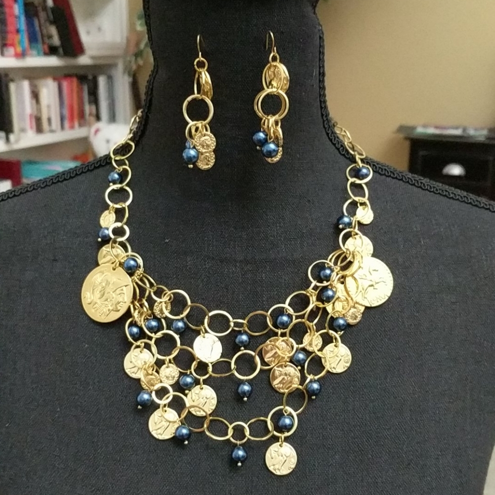 Royal Coins Gold and Blue Necklace & Earring Set